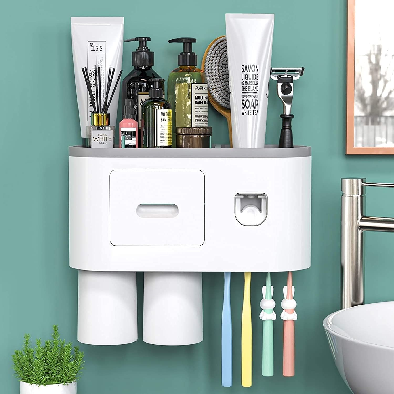 LXOICE Wall Mounted Toothbrush Holder Stand with Toothpaste Dispenser