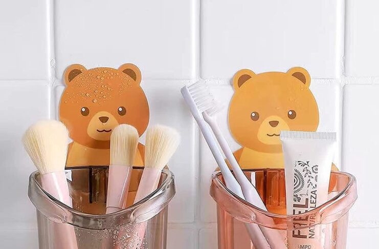 Wolpin Toothbrush Holder (Set of 2 Pcs) Plastic Stand for Toothpaste, Comb, Brush, Cream, Lotion Kids Bathroom Cup Drain Waterproof Self-Adhesive, Teddy Bear
