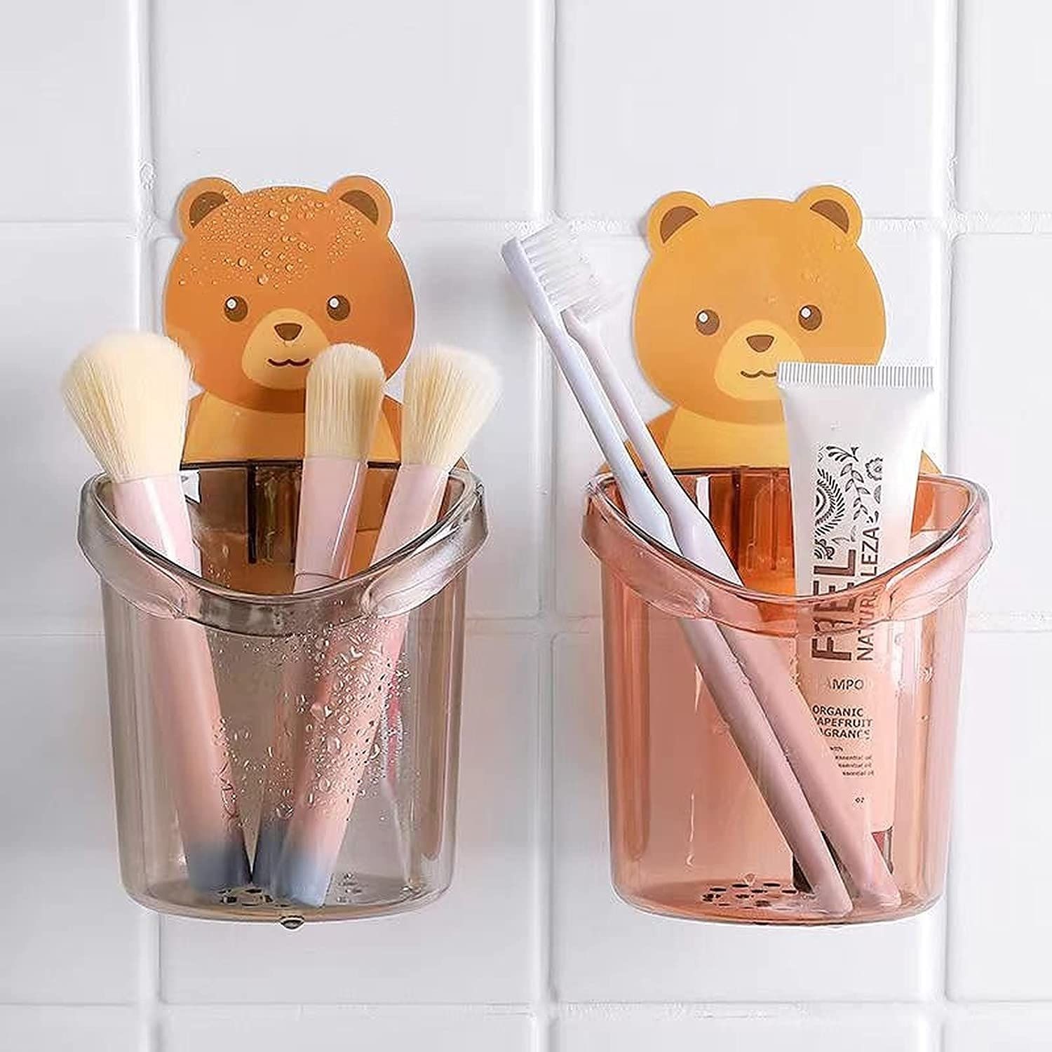 Wolpin Toothbrush Holder (Set of 2 Pcs) Plastic Stand for Toothpaste, Comb, Brush, Cream, Lotion Kids Bathroom Cup Drain Waterproof Self-Adhesive, Teddy Bear